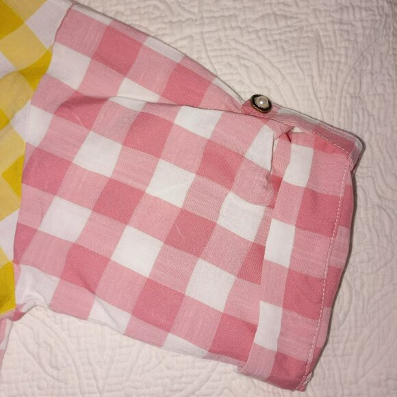 Atikshop Button-Up Shirt Pink & Yellow Gingham Colorblock Front Pocket Womens - Picture 10 of 13